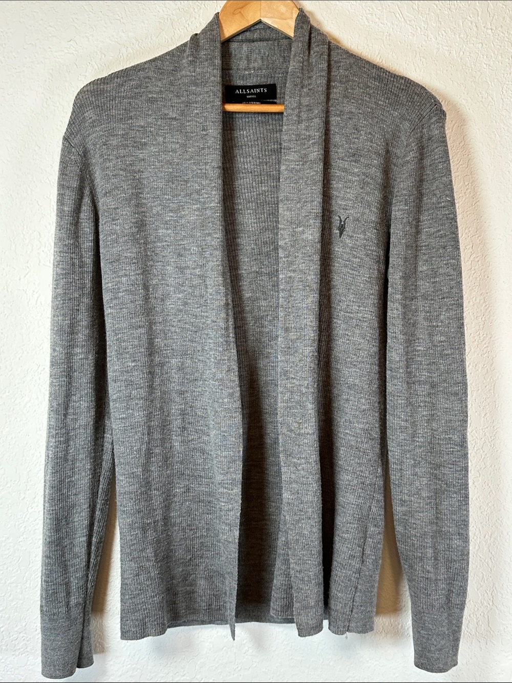 All Saints Gray Merino Wool Open Shawl Collar Cardigan
